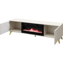 Mobile porta TV 184x53h cm 2 ante con caminetto elettrico frontali serigrafati beige nero Miriam
