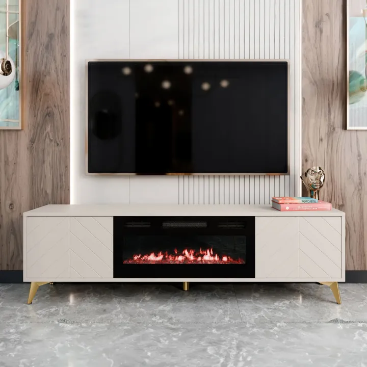 Mobile porta TV 184x53h cm 2 ante con caminetto elettrico frontali serigrafati beige nero Miriam