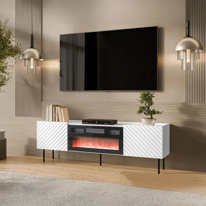 Mobile porta TV 181x59h cm 2 ante con caminetto elettrico con frontali decorati bianco Daniele