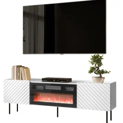 Mobile porta TV 181x59h cm 2 ante con caminetto elettrico con frontali decorati bianco Daniele