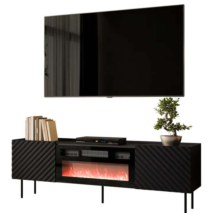 Mobile porta TV 181x59h cm 2 ante con caminetto elettrico con frontali decorati nero Daniele