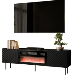 Mobile porta TV 181x59h cm 2 ante con caminetto elettrico con frontali decorati nero Daniele