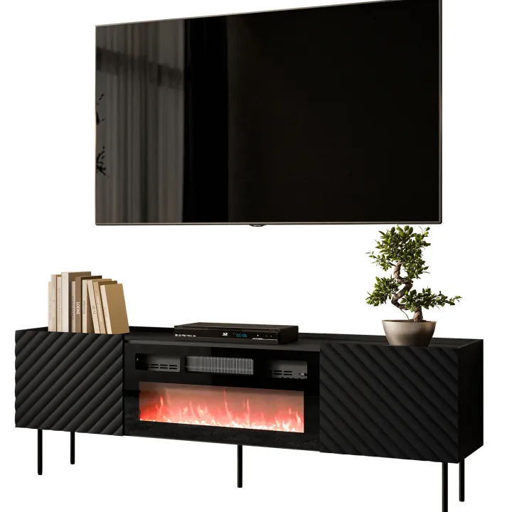 Mobile porta TV 181x59h cm 2 ante con caminetto elettrico con frontali decorati nero Daniele