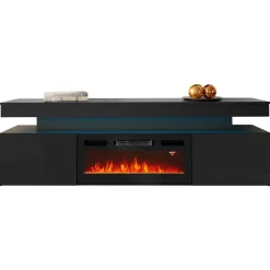 Mobile porta TV 190x59h cm 2 ante con caminetto elettrico con LED nero Lumus