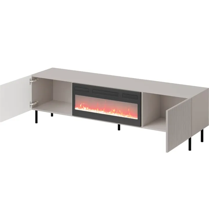Mobile porta TV 181x53h cm 2 ante con caminetto elettrico con frontali cannettati beige Ziggy