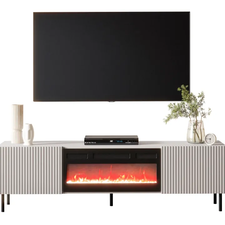 Mobile porta TV 181x53h cm 2 ante con caminetto elettrico con frontali cannettati beige Ziggy