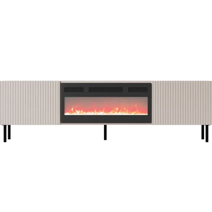 Mobile porta TV 181x53h cm 2 ante con caminetto elettrico con frontali cannettati beige Ziggy