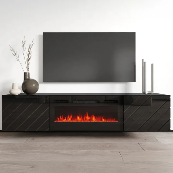 Mobile porta tv 183x38h cm 2 ante con camino elettrico nero lucido Armando