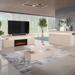 Mobile porta TV 190x59h cm 2 ante con caminetto elettrico con LED beige cashmere Lumus