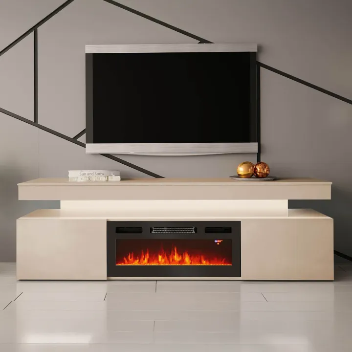 Mobile porta TV 190x59h cm 2 ante con caminetto elettrico con LED beige cashmere Lumus