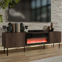 Mobile porta TV 181x58h cm 2 ante con elettrico caminetto noce cannettato Gabiot
