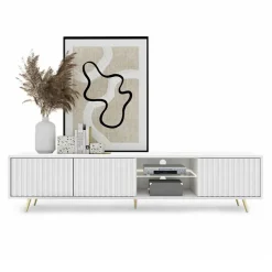 Mobile porta TV 175x45h cm 3 ante e vano a giorno bianco cannettato oro Celestia