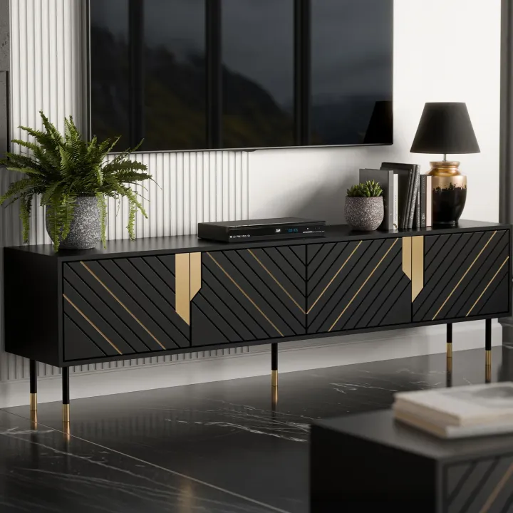 Mobile porta tv 204x55h cm 4 ante moderno nero oro Golden