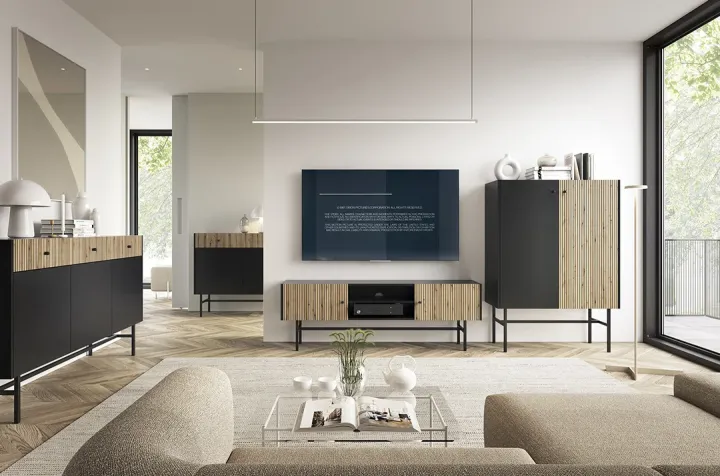 Mobile porta TV 155x52h cm 2 ante nero rovere cannettato Eterna