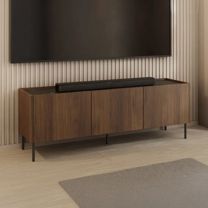 Mobile porta TV 144x50h cm 3 ante piano effetto marmo nero noce Caliva