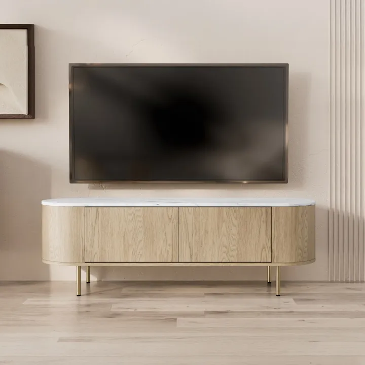 Mobile porta tv 139x45h cm 2 ante rovere effetto marmo bianco Roundi