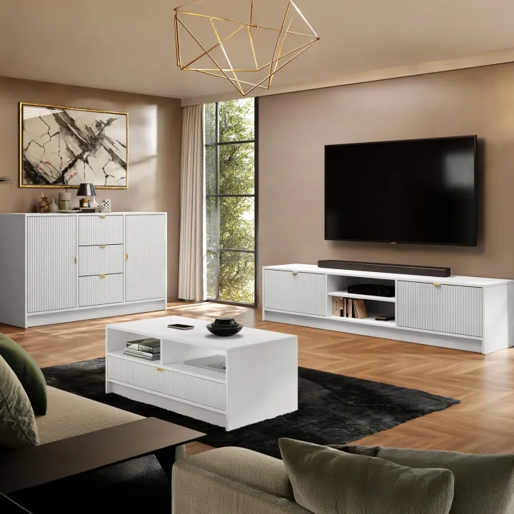 Mobile porta tv 180x40h cm 2 ante 2 vani a giorno cannettato bianco Athena