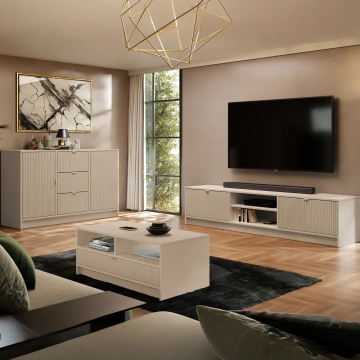 Mobile porta tv 180x40h cm 2 ante 2 vani a giorno cannettato beige Athena