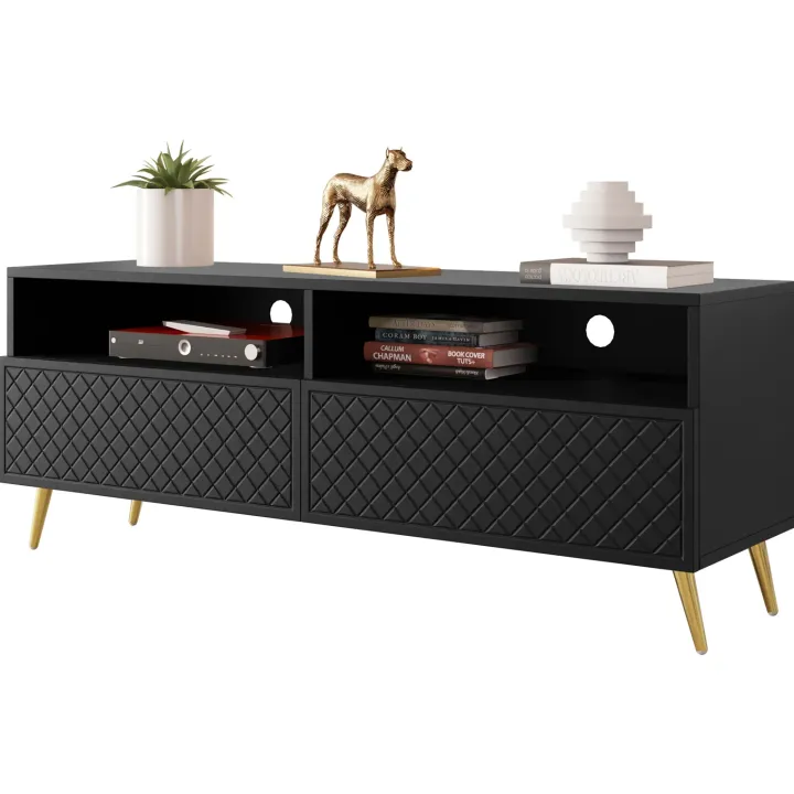 Mobile porta TV 150x57h cm 2 ante 2 vani con frontali decorati nero Simona