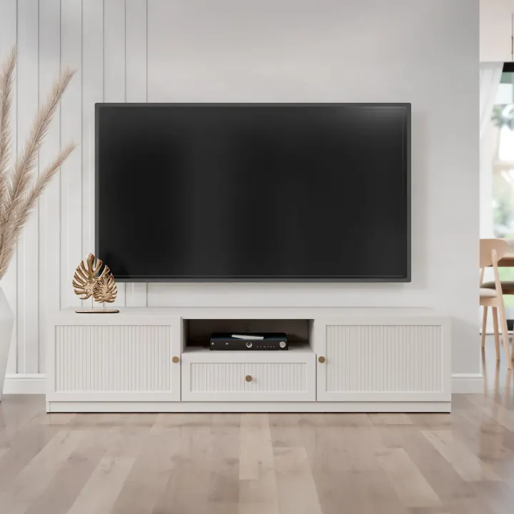 Mobile porta tv 180x44h cm cannettato 2 ante 1 cassetto beige cashmere Rolly