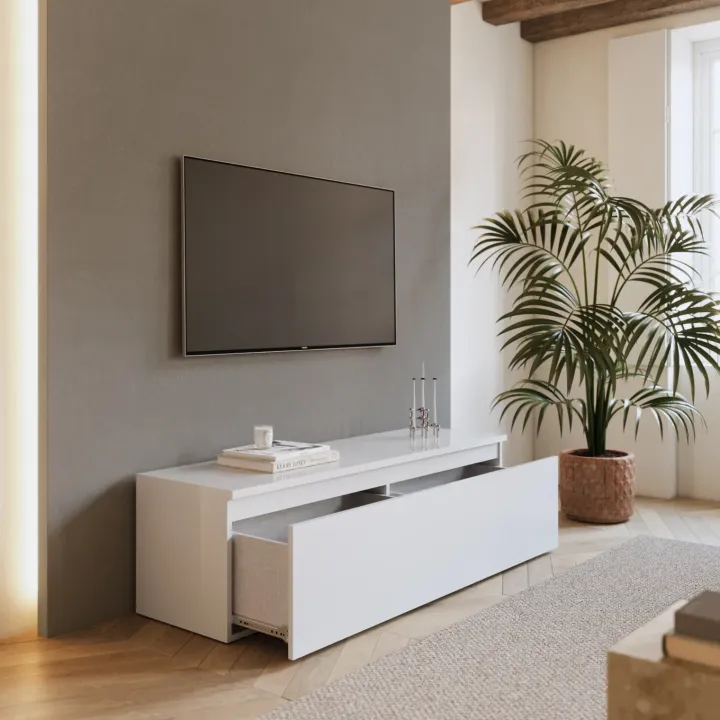 Mobile porta TV 138x40h cm con cassettone bianco lucido Sunset