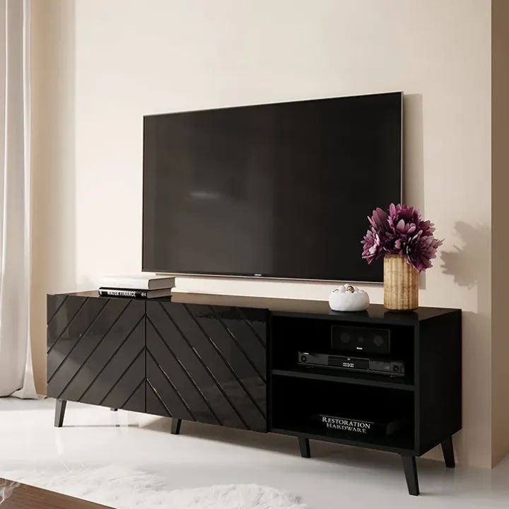 Mobile porta TV 150x52h cm con frontale decorato nero lucido Placida