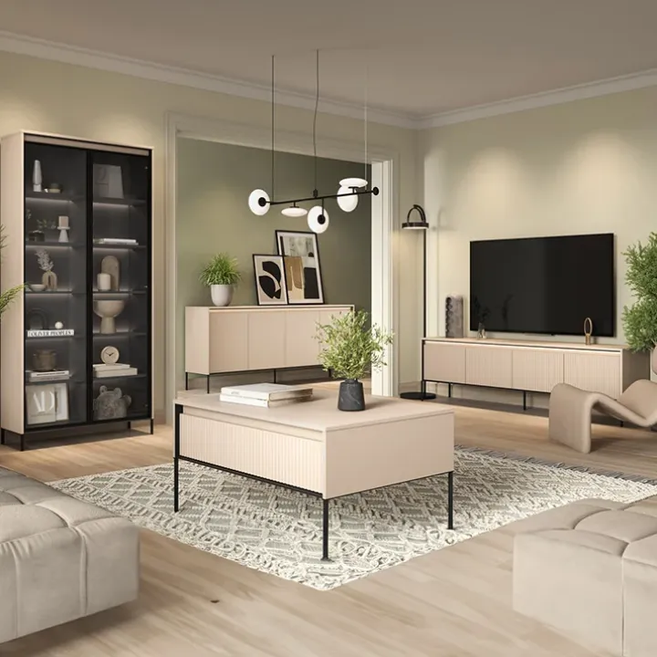 Mobile porta TV 193x56h cm con LED 4 ante cannettato beige nero Camelia