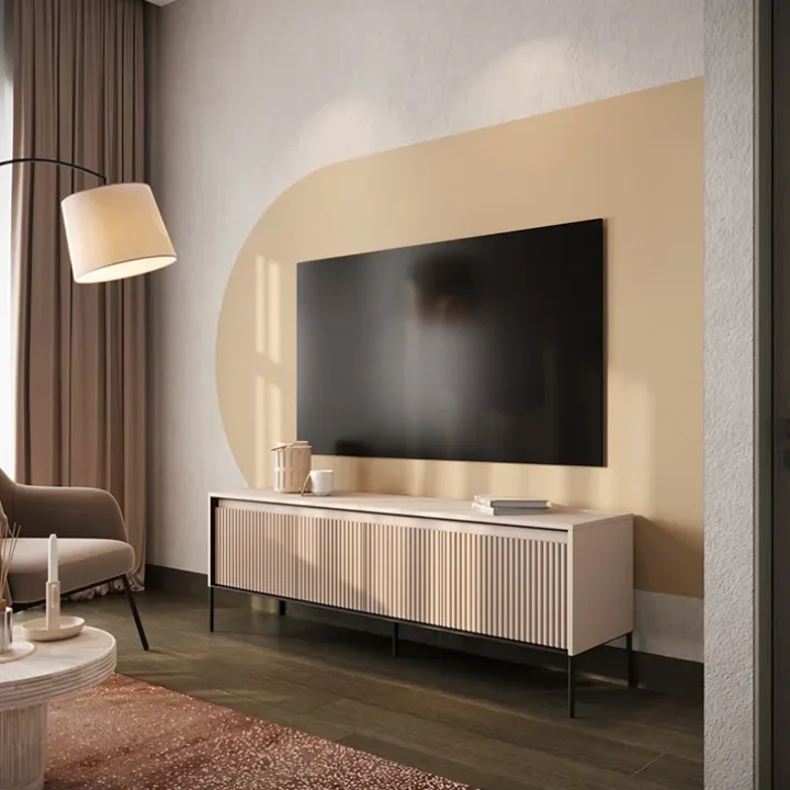 Mobile porta TV 193x56h cm con LED 4 ante cannettato beige nero Camelia