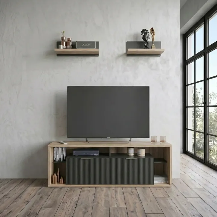 Mobile porta TV 160x56h cm con 2 mensole cannettato rovere nero Savona