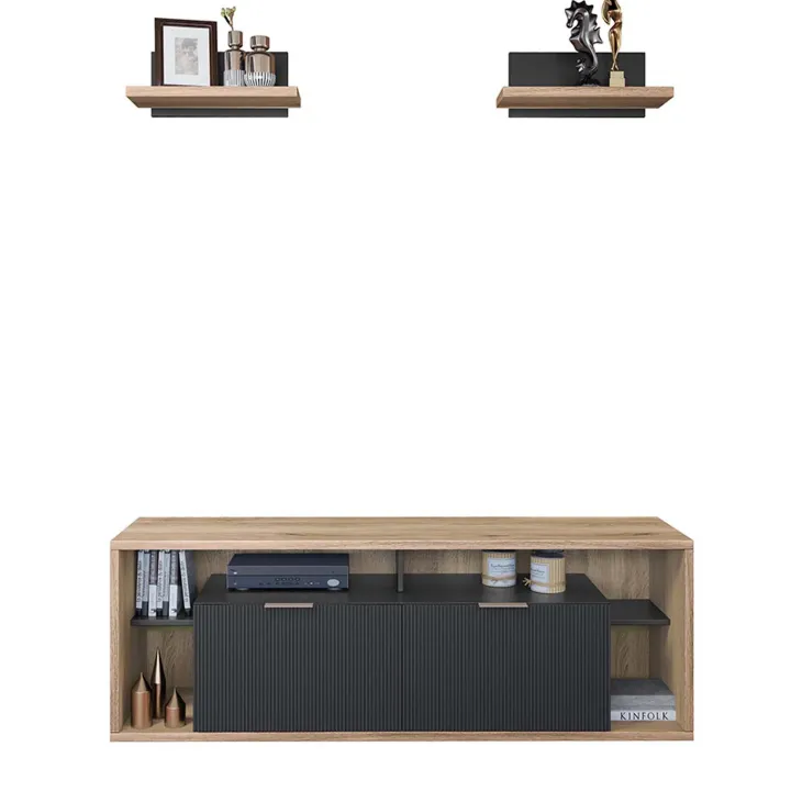 Mobile porta TV 160x56h cm con 2 mensole cannettato rovere nero Savona