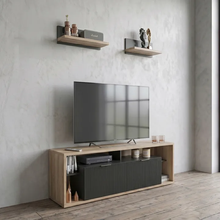 Mobile porta TV 160x56h cm con 2 mensole cannettato rovere nero Savona