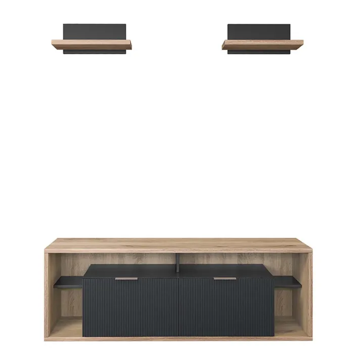 Mobile porta TV 160x56h cm con 2 mensole cannettato rovere nero Savona