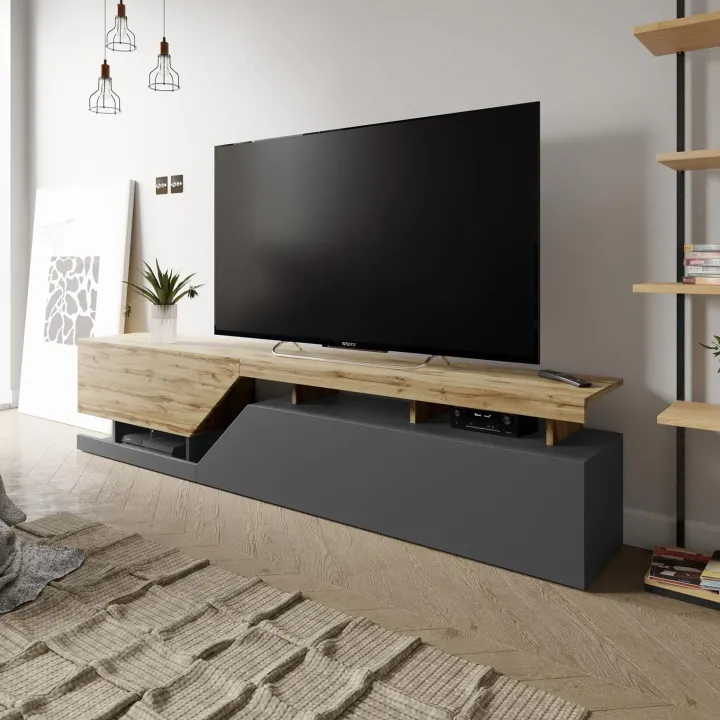 Mobile porta TV 200x47h cm design moderno rovere antracite Modesta