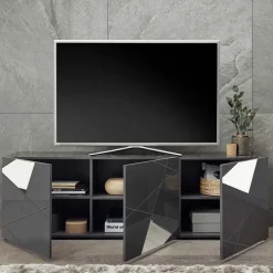 Mobile porta TV 181x57h cm grigio lucido specchio con serigrafia Olimpo