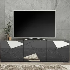 Mobile porta TV 181x57h cm grigio lucido specchio con serigrafia Olimpo