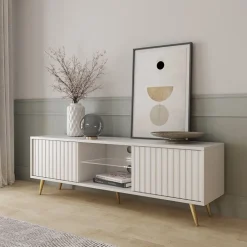 Mobile porta TV 135x45h cm moderno 2 ante bianco cannettato Celestia