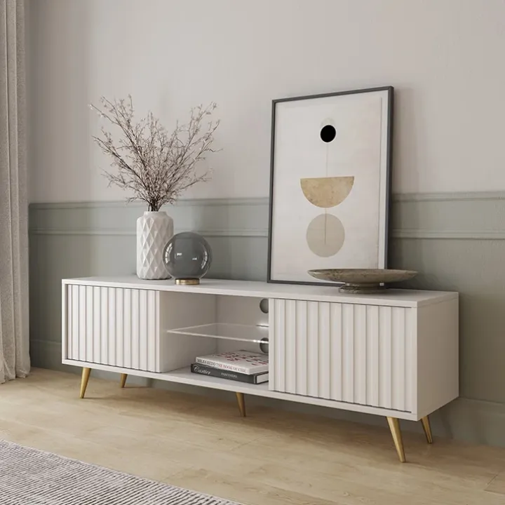 Mobile porta TV 135x45h cm moderno 2 ante bianco cannettato Celestia
