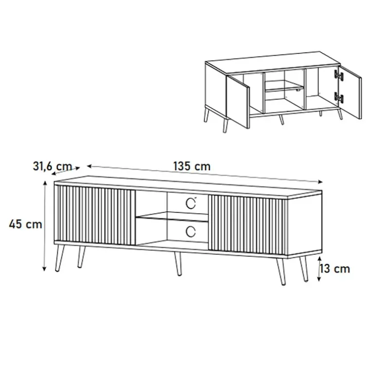 Mobile porta TV 135x45h cm moderno 2 ante bianco cannettato Celestia