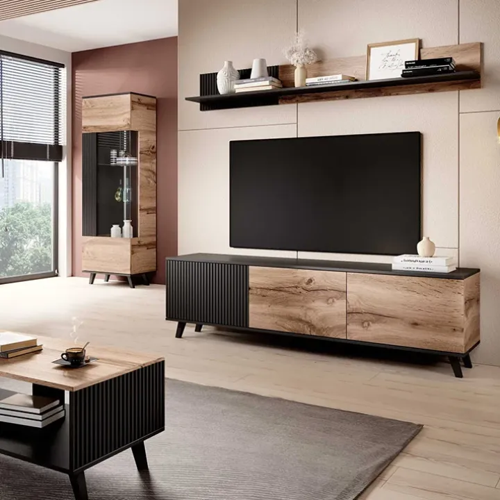 Mobile porta TV 180x52h cm moderno industrial rovere nero Nandina