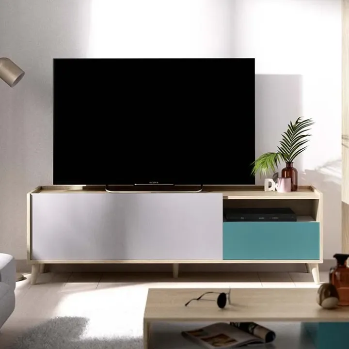 Mobile porta TV 155x47h cm moderno rovere grigio bianco petrolio Dominic
