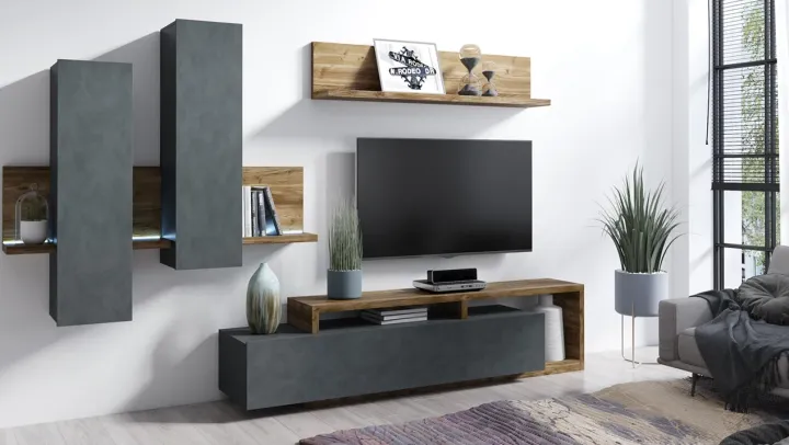Mobile porta TV 219x52h cm moderno soggiorno antracite spatolato noce Megan Gihome®
