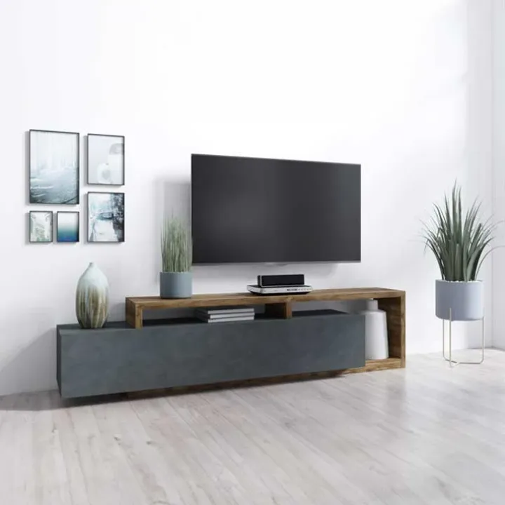 Mobile porta TV 219x52h cm moderno soggiorno antracite spatolato noce Megan Gihome®