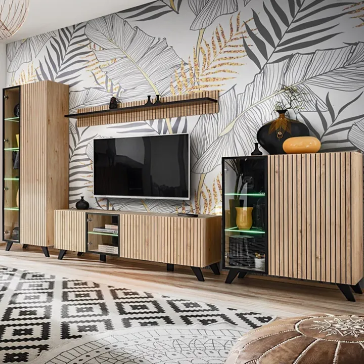 Mobile porta TV 160x52h cm soggiorno noce con stampa nera Mendes