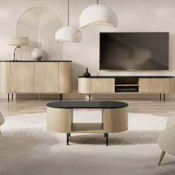 Mobile porta tv 184x45h cm 2 vani rovere effetto marmo nero Roundi