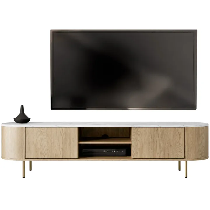 Mobile porta tv 184x45h cm 2 vani rovere effetto marmo bianco Roundi
