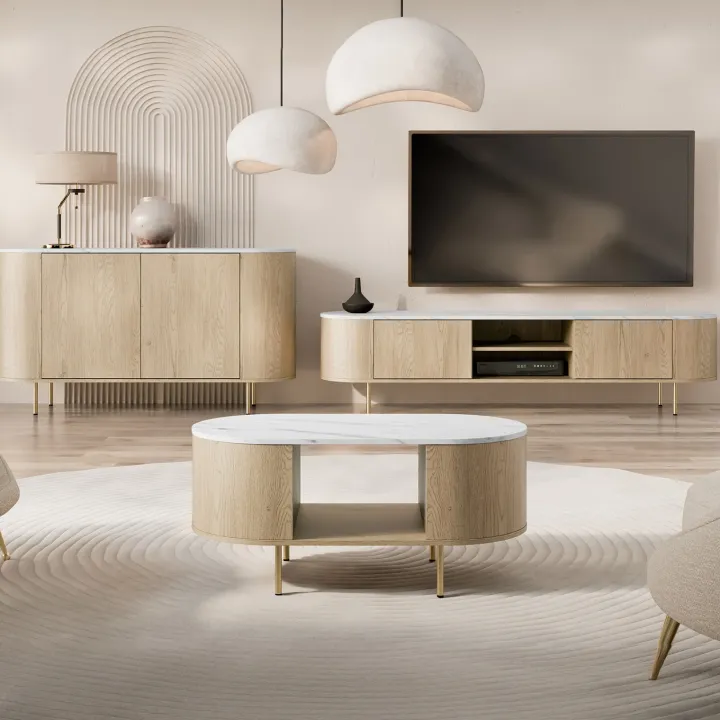 Mobile porta tv 184x45h cm 2 vani rovere effetto marmo bianco Roundi