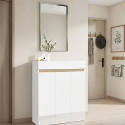 Mobile scarpiera multiuso ingresso 94x114h cm 3 ante 1 cassetto bianco lucido top rovere Noren