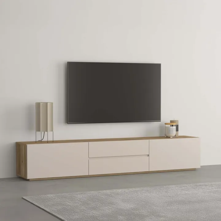 Mobile TV basso 200x36h cm 2 cassetti 2 ante a ribalta cashmere rovere Delia