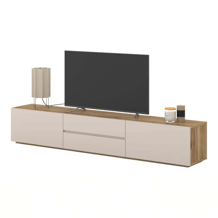 Mobile TV basso 200x36h cm 2 cassetti 2 ante a ribalta cashmere rovere Delia