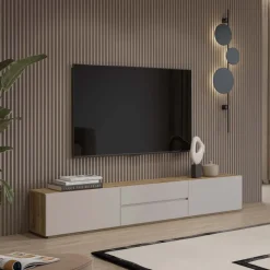 Mobile TV basso 200x36h cm 2 cassetti 2 ante a ribalta cashmere rovere Delia